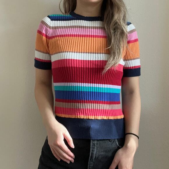 Trina Turk colorful striped ribbed knit short sleeve blouse top small - Picture 1 of 4